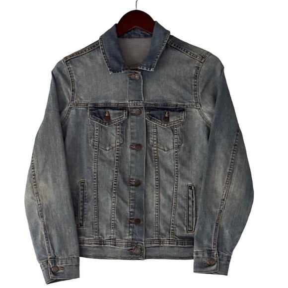 Sold 🎈 Denim Jacket Small Trucker Quilt Square Geometric Star Pinwheel Blue - Picture 4 of 7